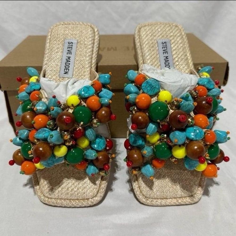 Steve Madden Duri Embellished Tan Beaded Chunky Maximalist Minimalist Sandals